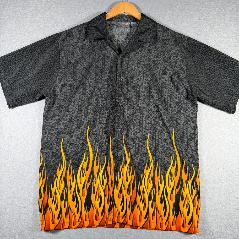 Breakdown Mens Large Black Geometric Flame Print Short Sleeve Button Down Shirt‎